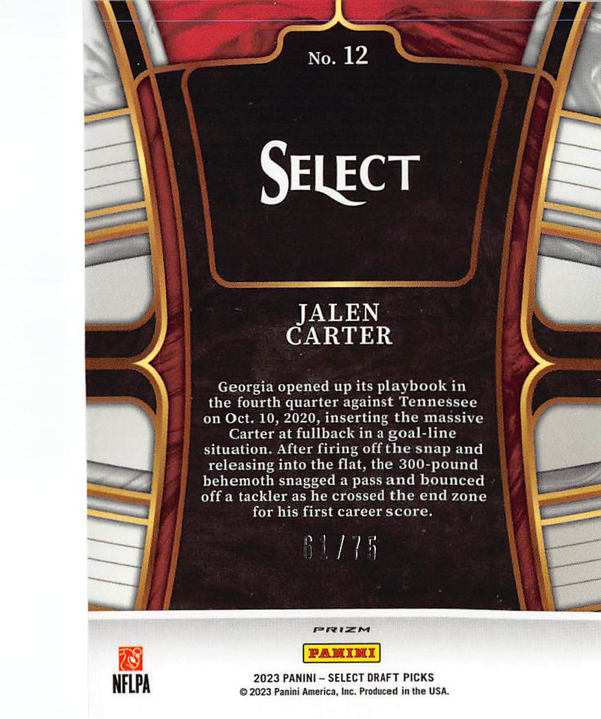 2023 Panini Select Draft Picks Jalen Carter Purple /75 Rookie RC #12 Georgia