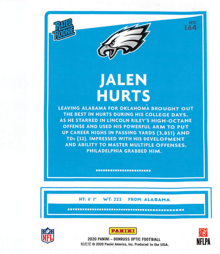 2020 Panini Donruss Optic Jalen Hurts Rookie #164 Philadelphia Eagles