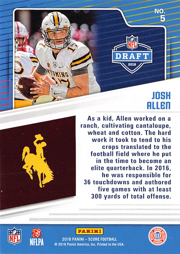 2018 Panini Score Josh Allen Rookie #5 Wyoming Cowboys