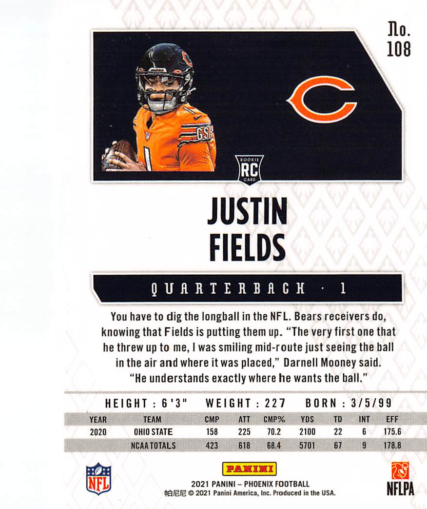 2021 Panini Phoenix Football Justin Fields Fire Burst Rookie RC #108 Bears