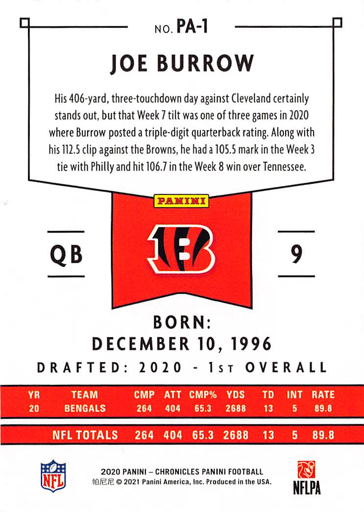2021 Panini Chronicles Panini Joe Burrow Rookie RC #PA-1 Cincinnati Bengals