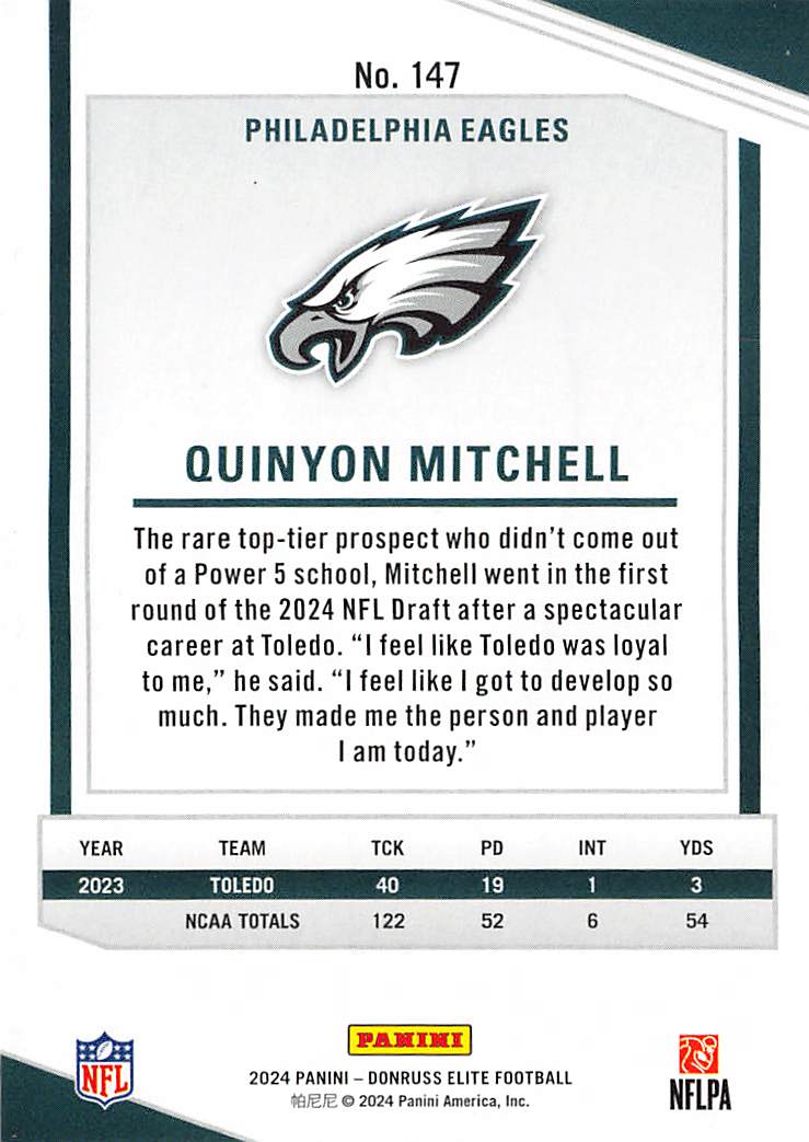 2024 Panini Donruss Elite Football Quinyon Mitchell /25 RC #147 Eagles