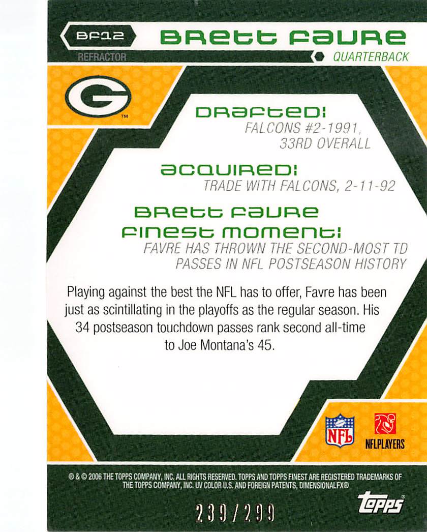 2006 Topps Finest Brett Favre Blue Refractor /299 #BF12 Green Bay Packers