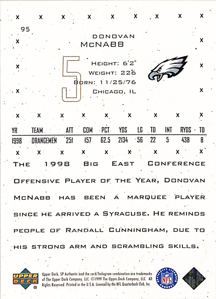 1999 Upper Deck SP Authentic Donovan McNabb Future Watch #95 Philadelphia Eagles