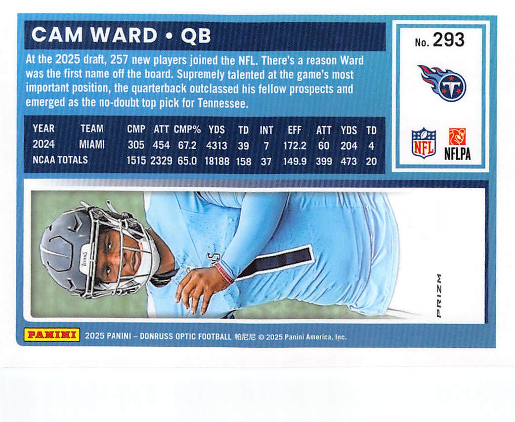 2025 Panini Donruss Optic Football Cam Ward Blue Rookie #293 Tennessee Titans