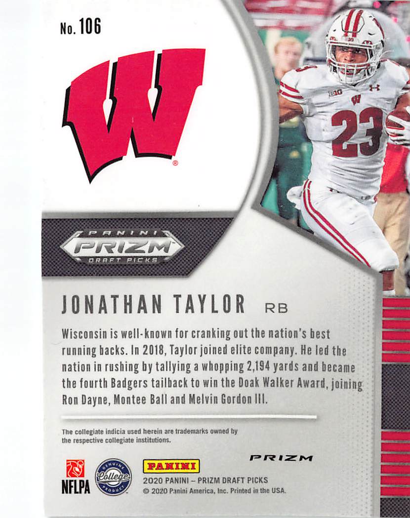 2020 Panini Prizm Draft Picks Jonathan Taylor Green Rookie RC #106 Wisconsin