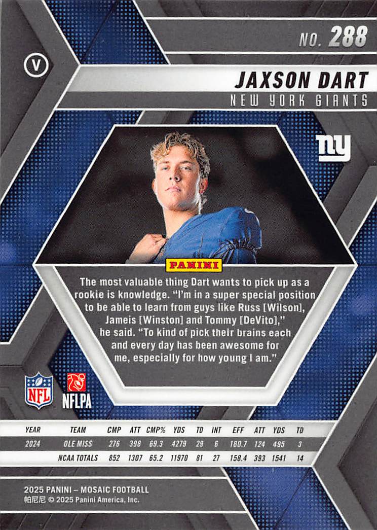 2025 Panini Mosaic Football Jaxson Dart Rookie RC #288 New York Giants