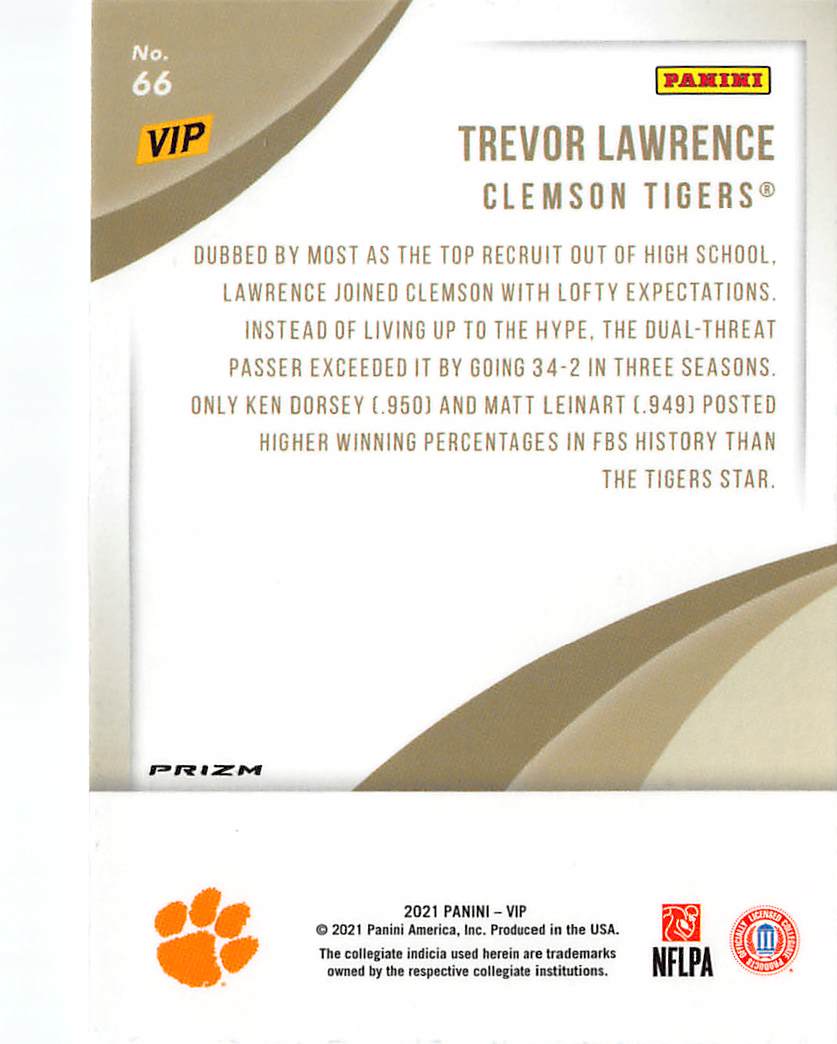 2021 Panini VIP Prizm Trevor Lawrence Hyper Rookie RC #66 Clemson Tigers