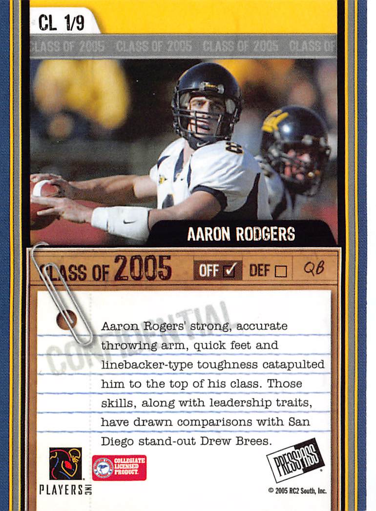 2005 Press Pass Aaron Rodgers Class of 2005 Rookie #CL 1/9 Golden Bears
