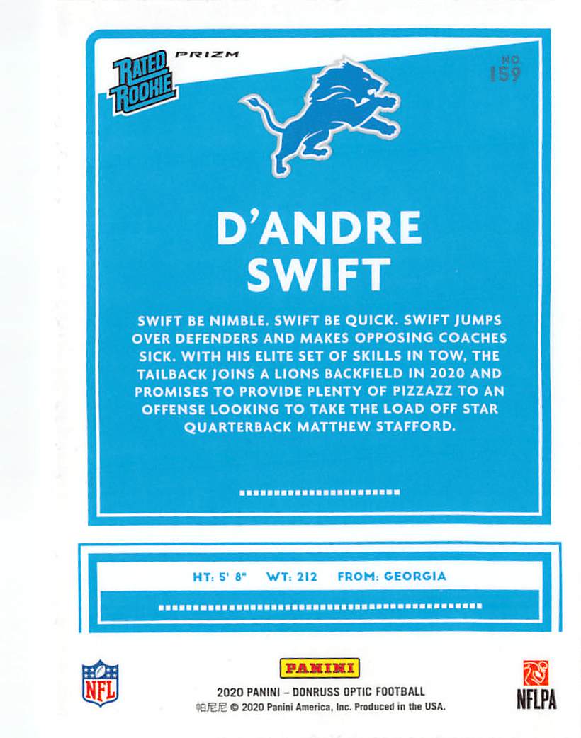 2020 Panini Donruss Optic Football D'Andre Swift Holo Rookie #159 Detroit Lions