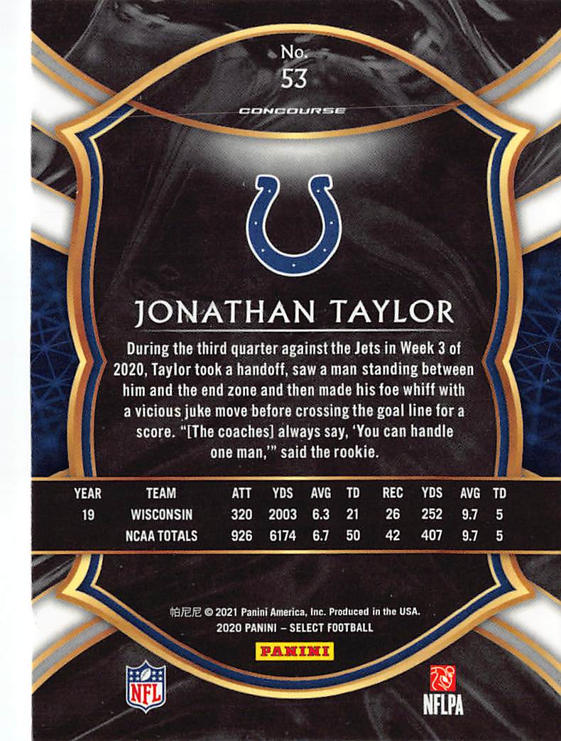 2021 Panini Select Football Jonathan Taylor Rookie RC #53 Indianapolis Colts