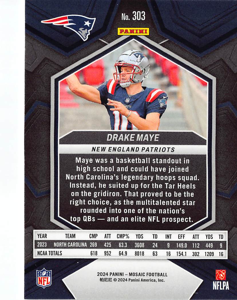 2024 Panini Mosaic Drake Maye Rookie RC #303 New England Patriots