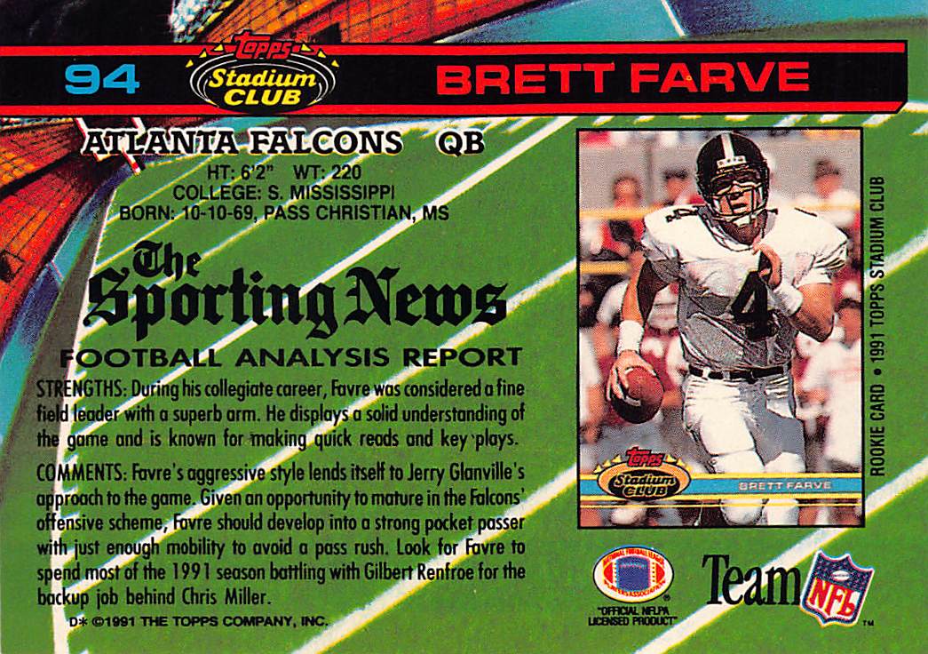 1991 Topps Stadium Club Brett Favre Rookie #94 Atlanta Falcons
