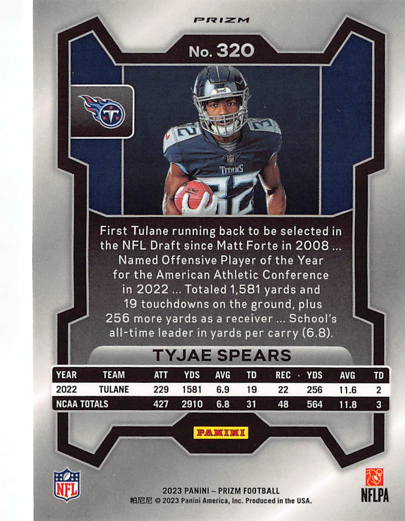 2023 Panini Prizm Football Tyjae Spears Silver Rookie RC #320 Tennessee Titans