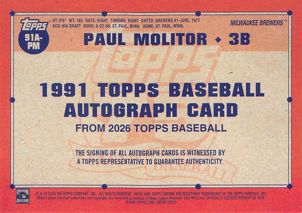2026 Topps Baseball Paul Molitor Green Autograph /99 #91A-PM Milwaukee Brewers