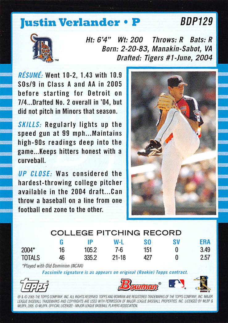 2005 Bowman Draft Picks & Prospects Justin Verlander Rookie #BDP129 Tigers