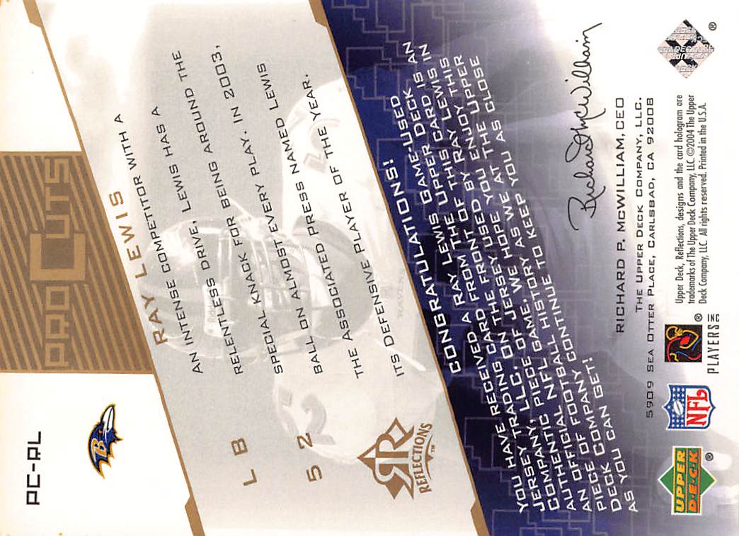 2004 Upper Deck Reflections Ray Lewis Pro Cuts Patch Game-Used #PC-RL Ravens