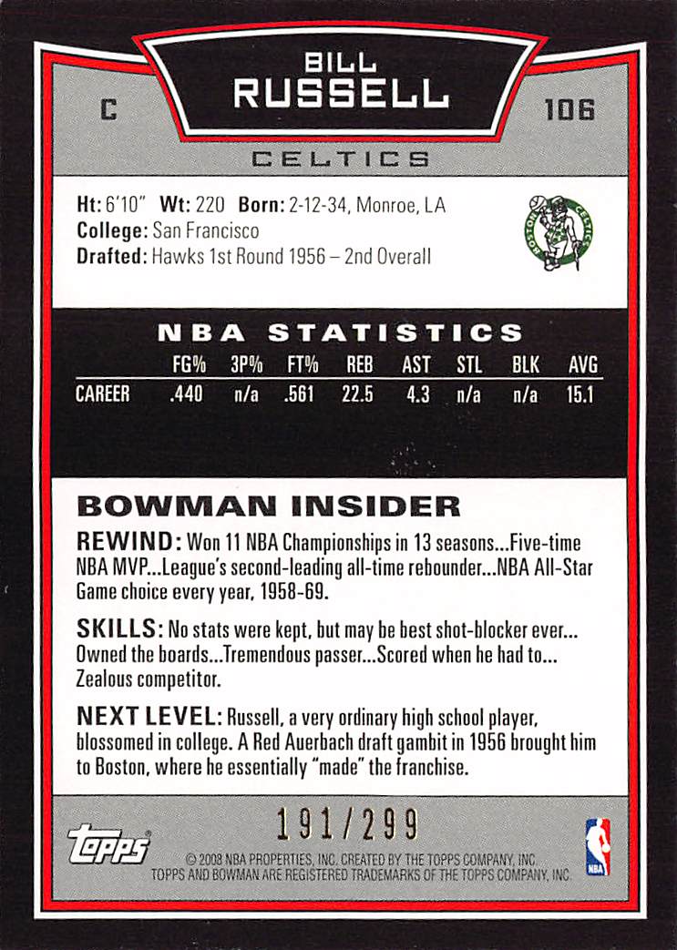 2008-09 Bowman Bill Russell Orange /299 #106 Boston Celtics