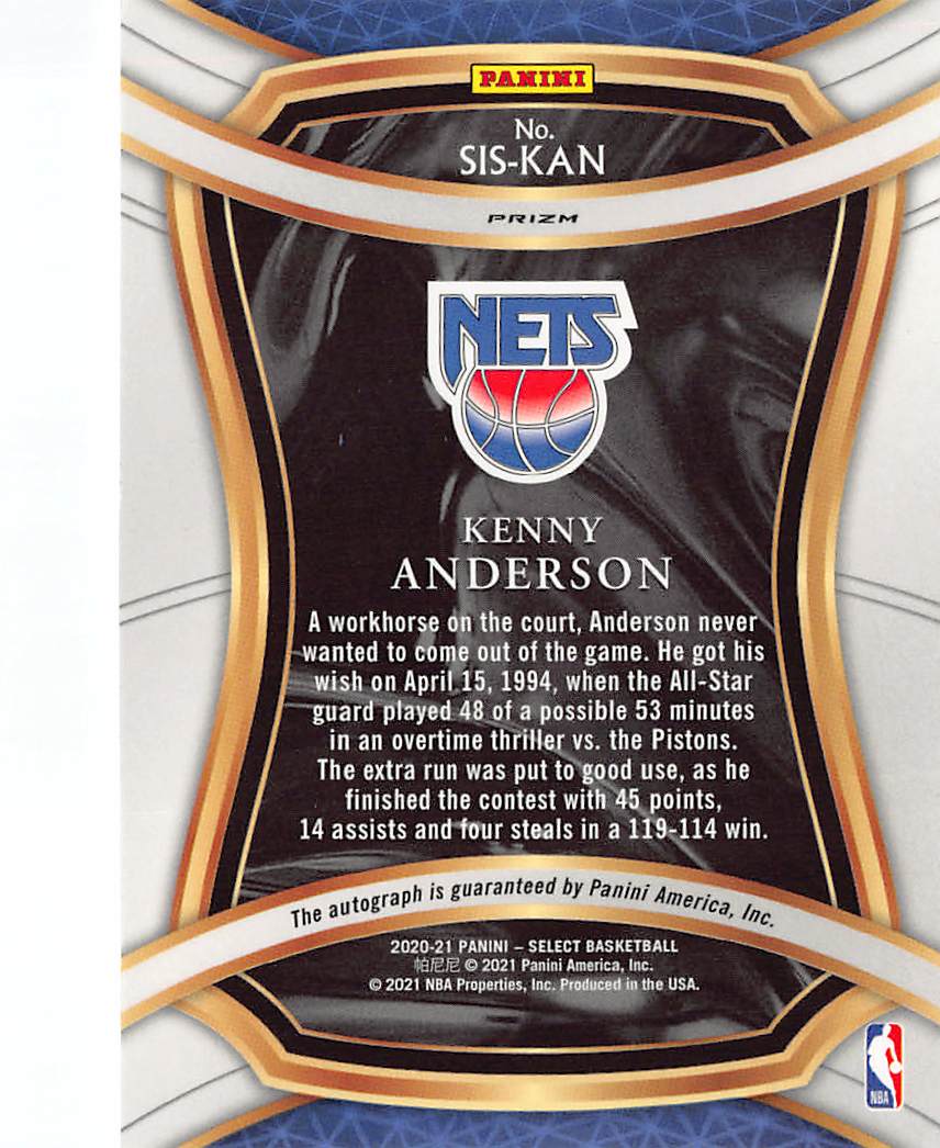 2020-21 Panini Select Kenny Anderson Silver Autograph #SIS-KAN New Jersey Nets