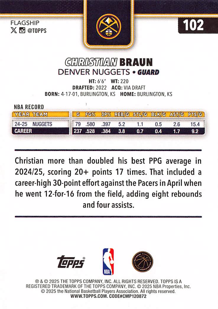 2025-26 Topps Flagship Christian Braun Orange /25 #102 Denver Nuggets