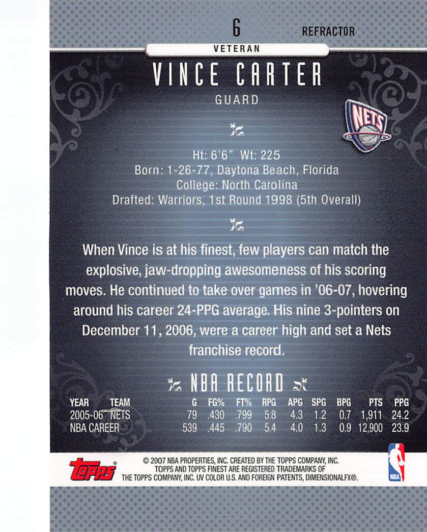 2007-08 Topps Finest Vince Carter Refractor #6 New Jersey Nets