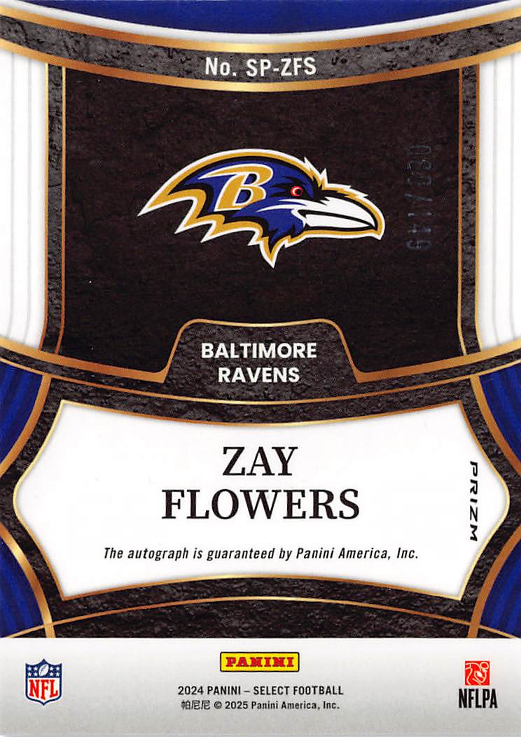 2025 Panini Select Zay Flowers Blue Autograph /149 #SP-ZFS Baltimore Ravens