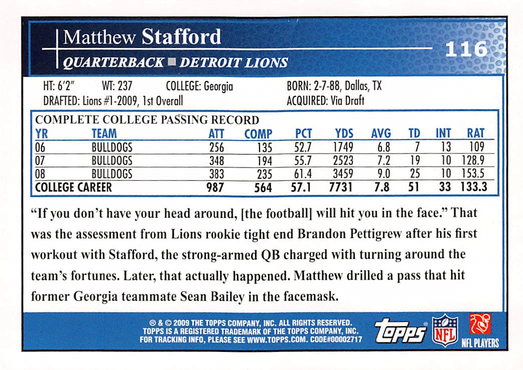 2009 Topps Kickoff Matthew Stafford Rookie RC #116 Detroit Lions
