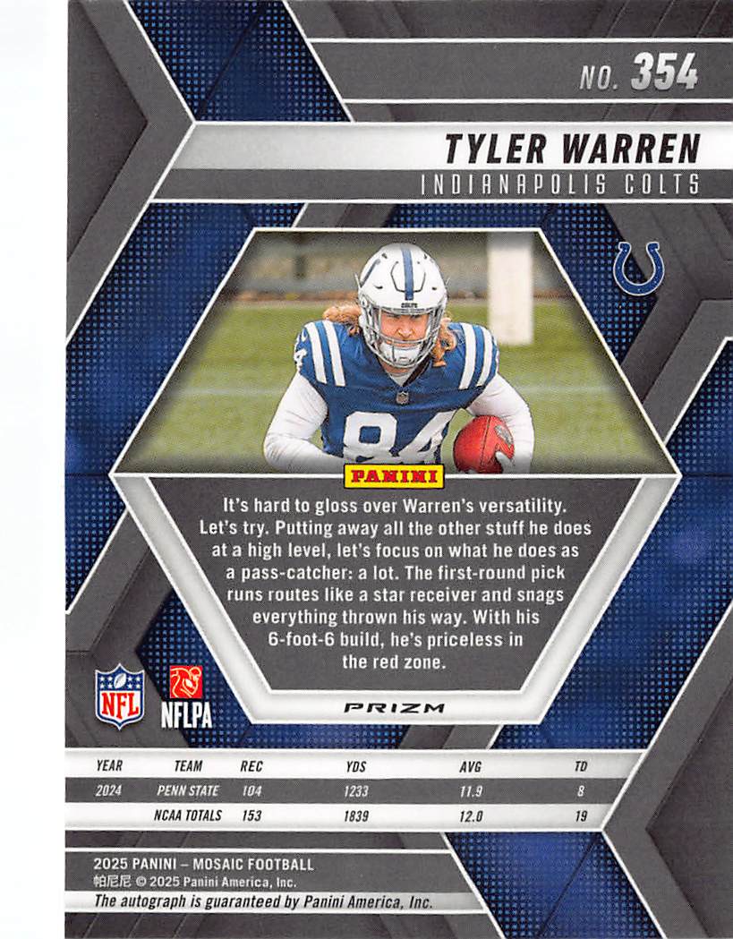 2025 Panini Mosaic Tyler Warren Rookie RC #354 Indianapolis Colts