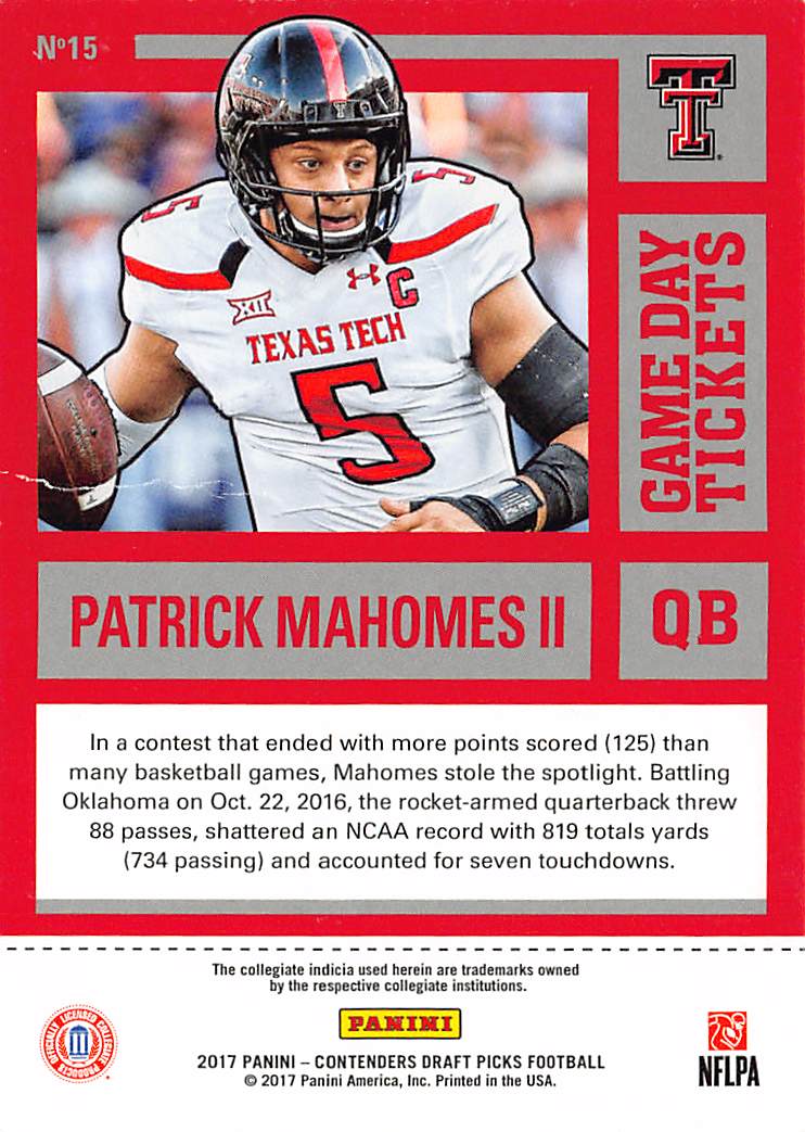 2017 Panini Contenders Draft Picks Game Day Tickets Patrick Mahomes II Rookie 15