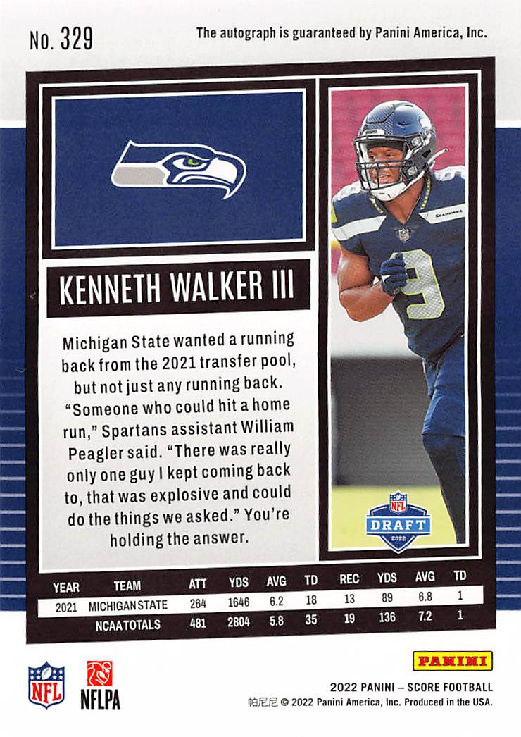 2022 Panini Score Kenneth Walker III Green Autograph Rookie RC #329 Seahawks