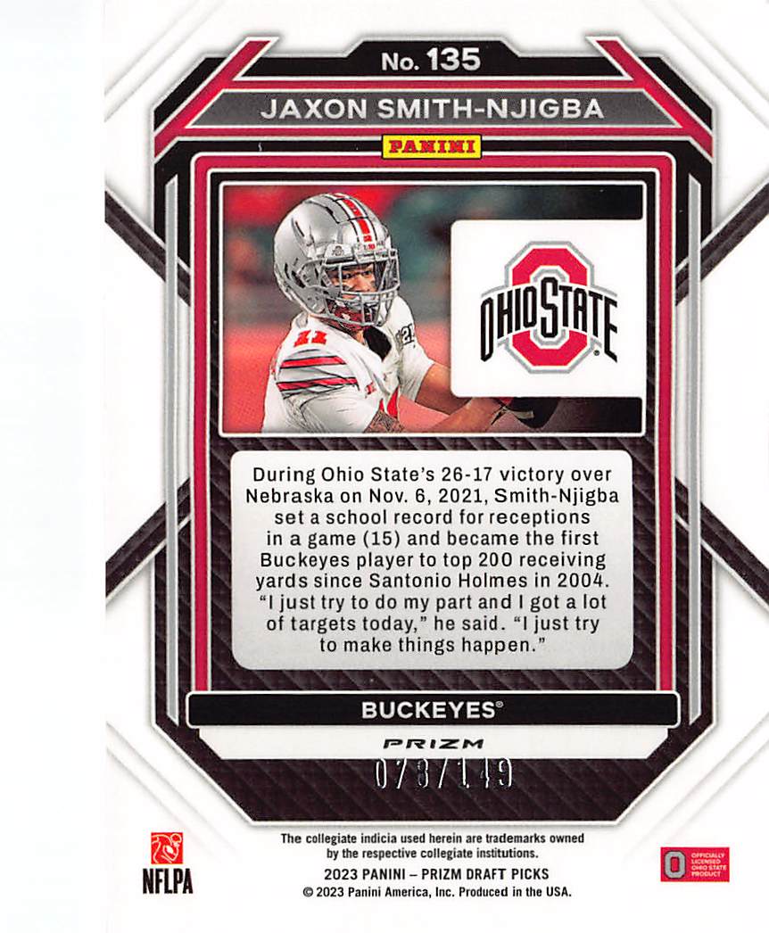 2023 Panini  Draft Picks Jaxon Smith-Njigba Purple Ice Rookie RC #135 Buckeyes
