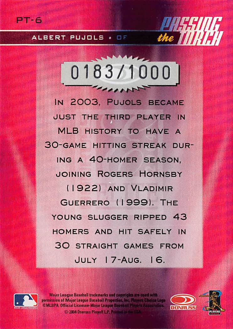 2004 Donruss Elite Passing the Torch Albert Pujols Pink 0183/1000 #PT-6 St.