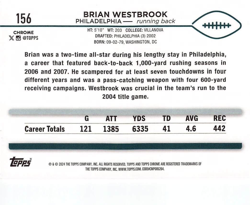 2024 Topps Chrome Brian Westbrook Red /5 #156 Philadelphia Eagles