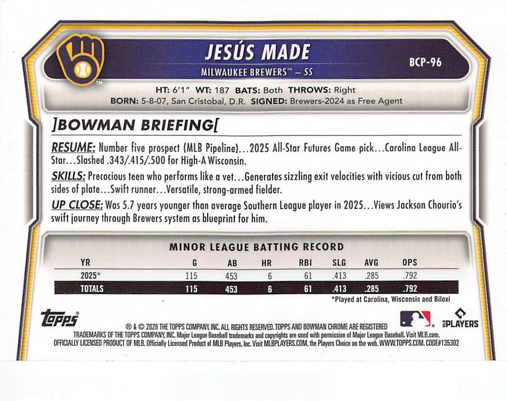 2026 Bowman Chrome Jesús Made Purple #BCP-96 Milwaukee Brewers