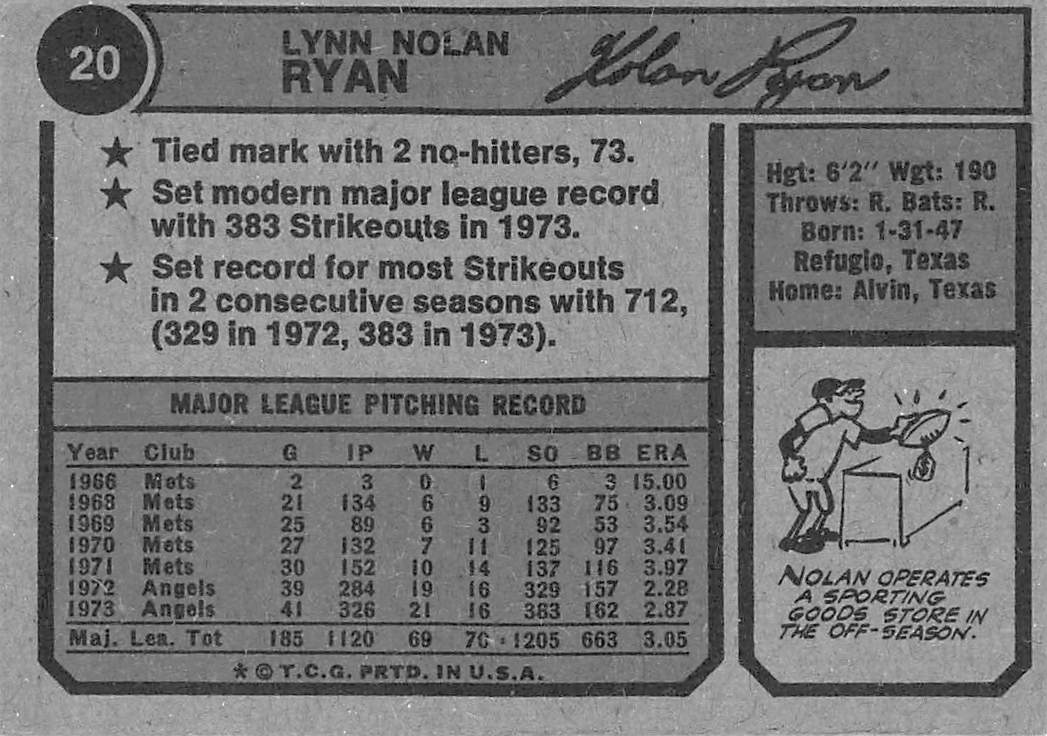 1974 Topps Nolan Ryan #20 California Angels