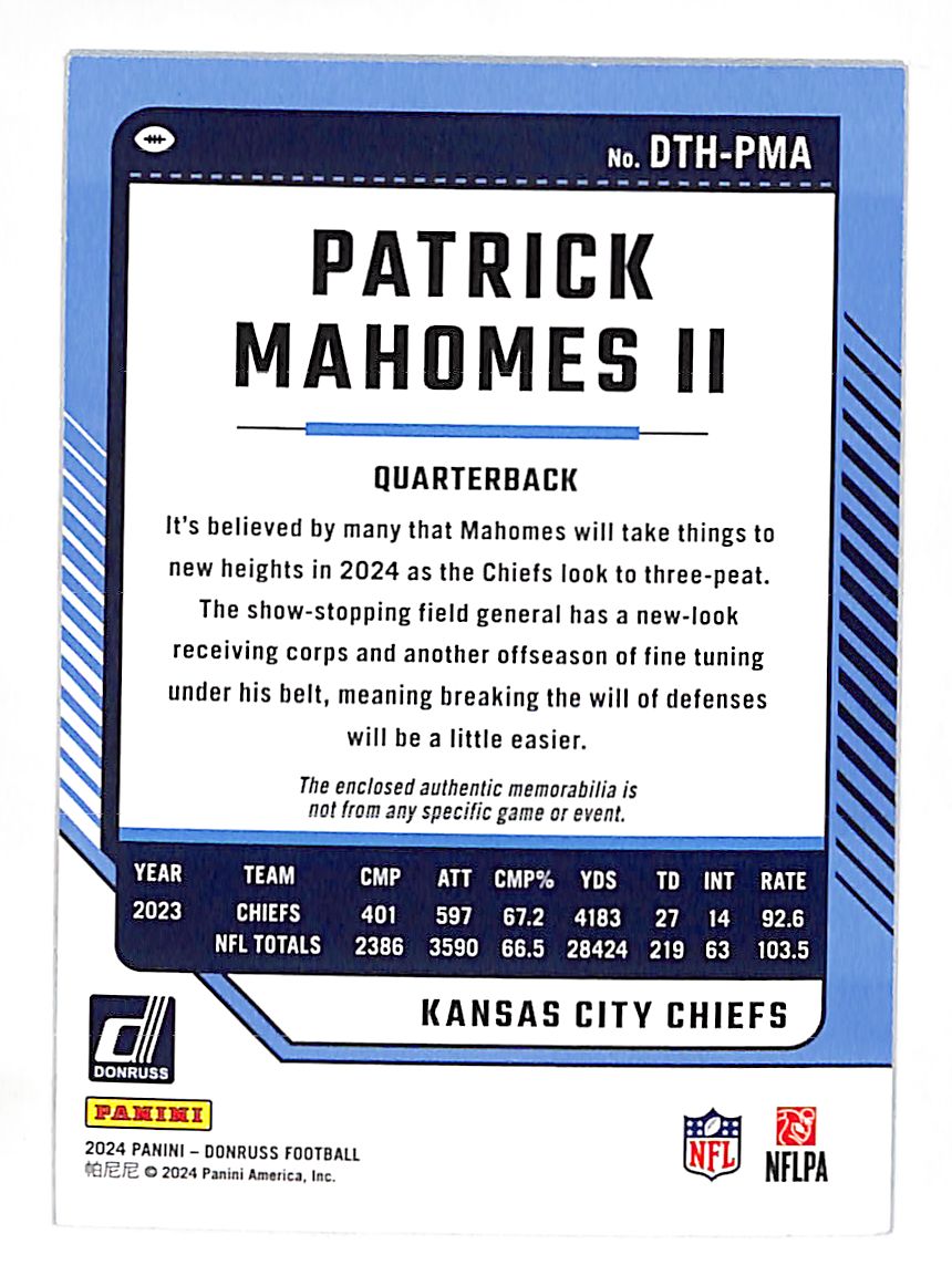 2024 Panini Donruss Threads Patrick Mahomes II Patch Memorabilia #DTH-PMA Chiefs