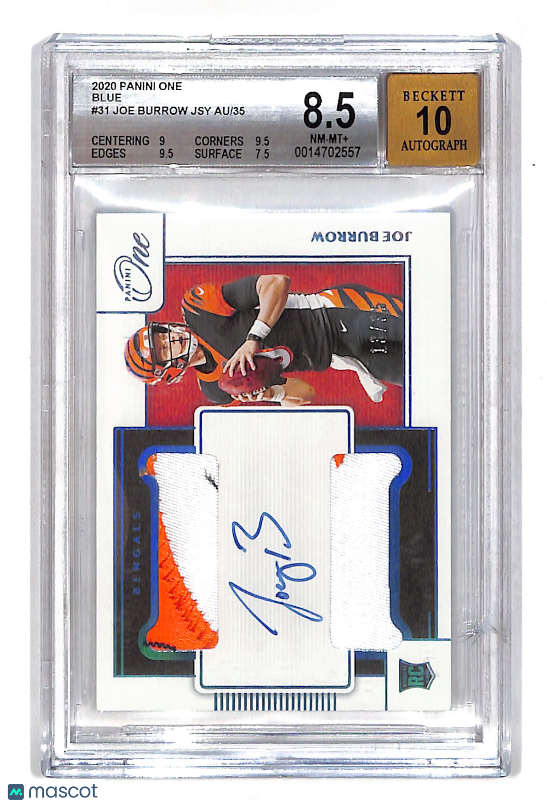 2021 Panini One Joe Burrow Blue Auto Patch Rookie RC #31 BGS 8.5 BAS Bengals