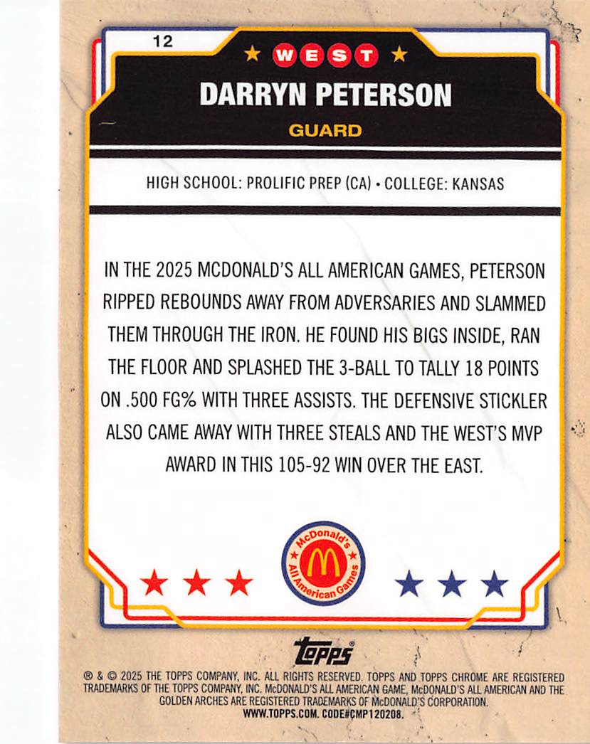 2025 Topps Chrome McDonald's All American Darryn Peterson Orange /15 #12