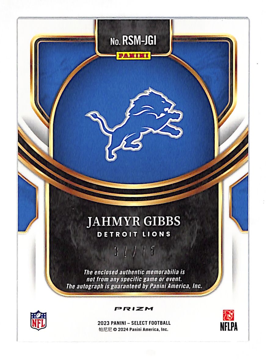 2024 Panini Select Jahmyr Gibbs Blue Patch Auto /16 Rookie RC #RSM-JGI Lions
