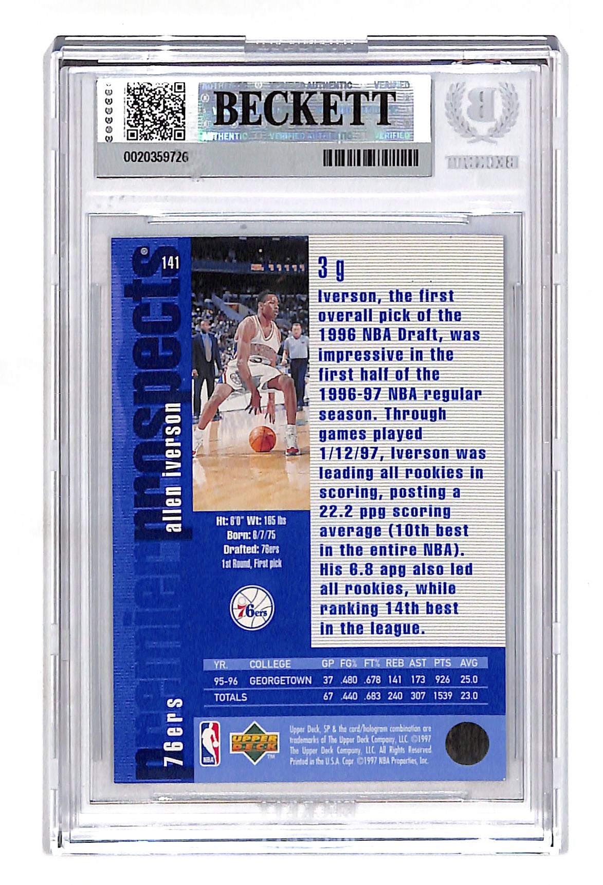 1997 Upper Deck SP Allen Iverson Premier Prospects #141 BGS 9 Philadelphia 76ers