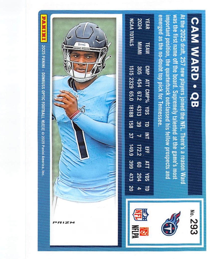 2025 Panini Donruss Optic Football Cam Ward Purple Shock Rookie #293 Titans