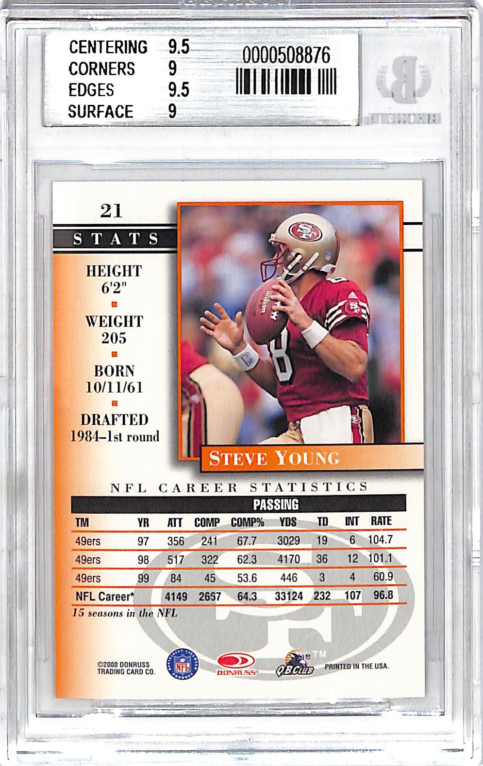2000 Donruss Preferred QBC Steve Young Graded Series /1125 #21 BGS 9 49ers