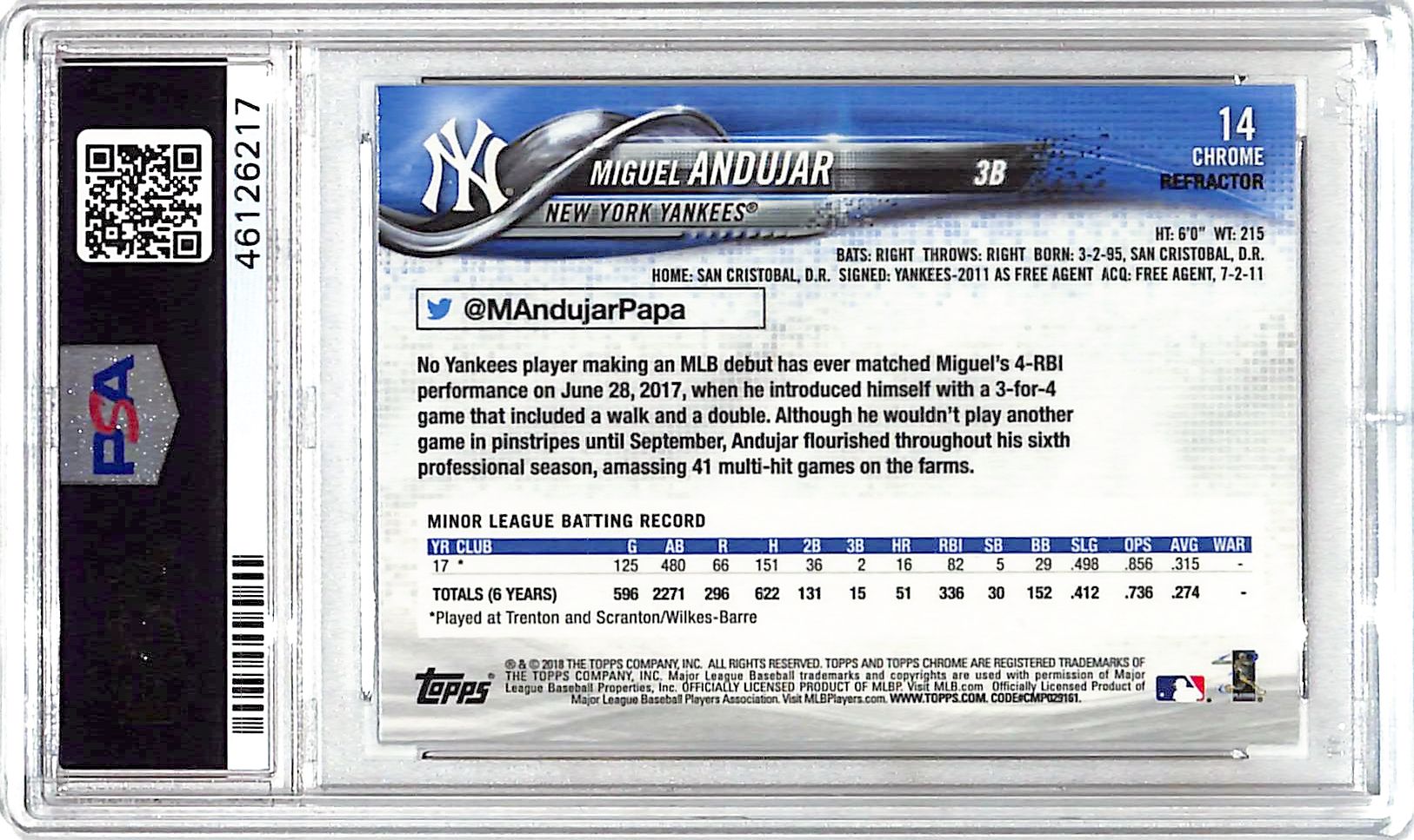 2018 Topps Chrome Miguel Andujar #14 Refractor PSA 10