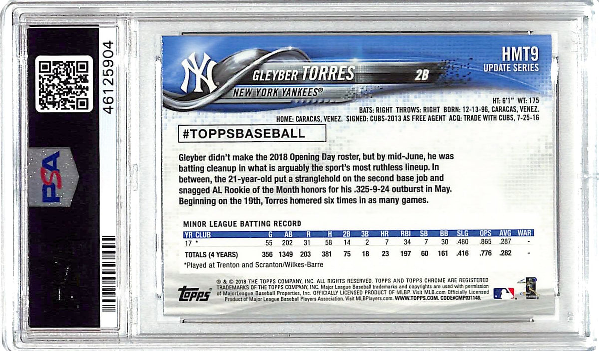 2018 Topps Chrome Update Gleyber Torres Rookie #HMT9 PSA 10 New York Yankees