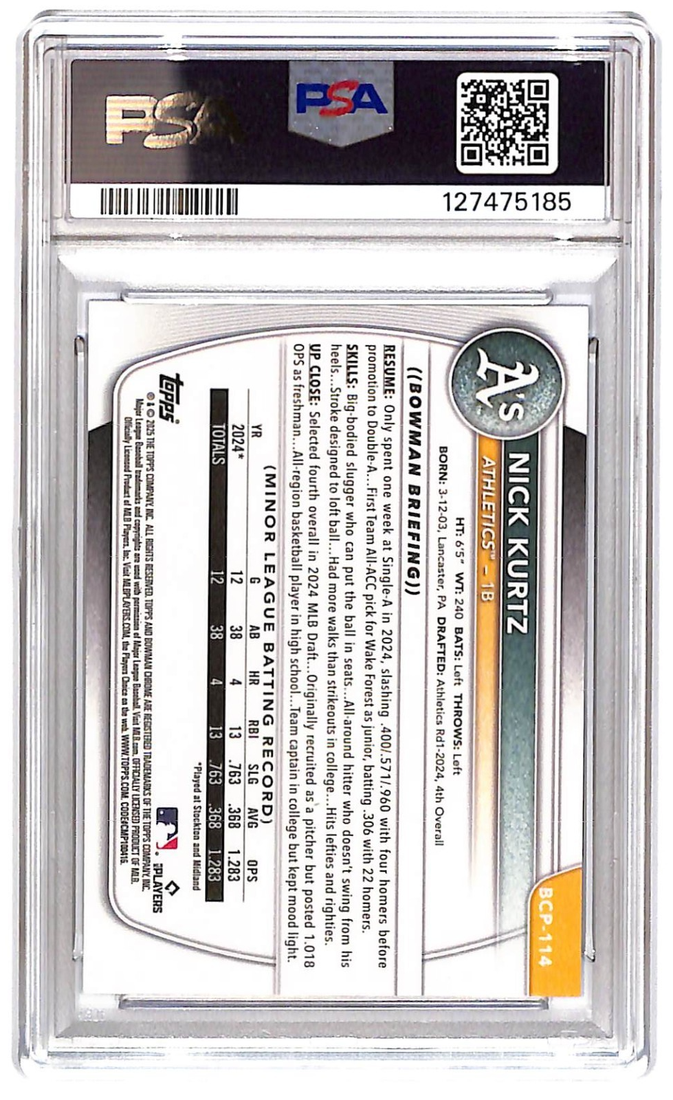 2025 Nick Kurtz Bowman Chrome Blue Reptilian Refractor - BCP-114 #80/150 PSA 9