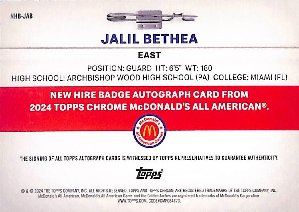 2024 Topps All-American Jail Bethea New Hire Auto McDonalds Logo Fractor #50/75