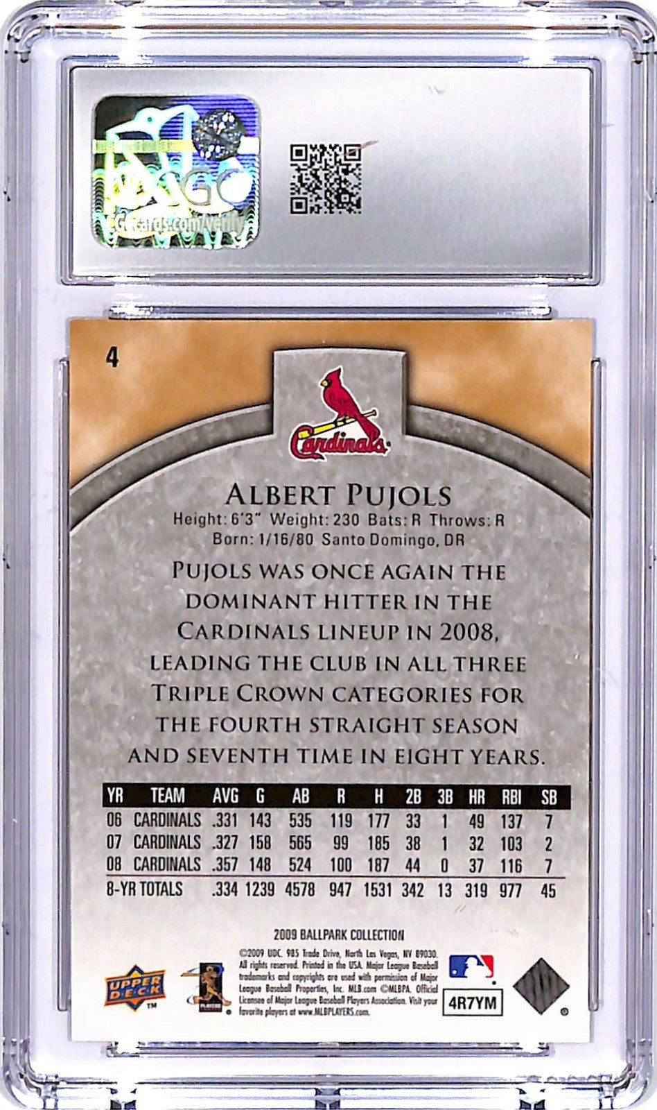 2009 Upper Deck ballpark Collection ALbert Pujols #4 CGC 9.5 Cardinals