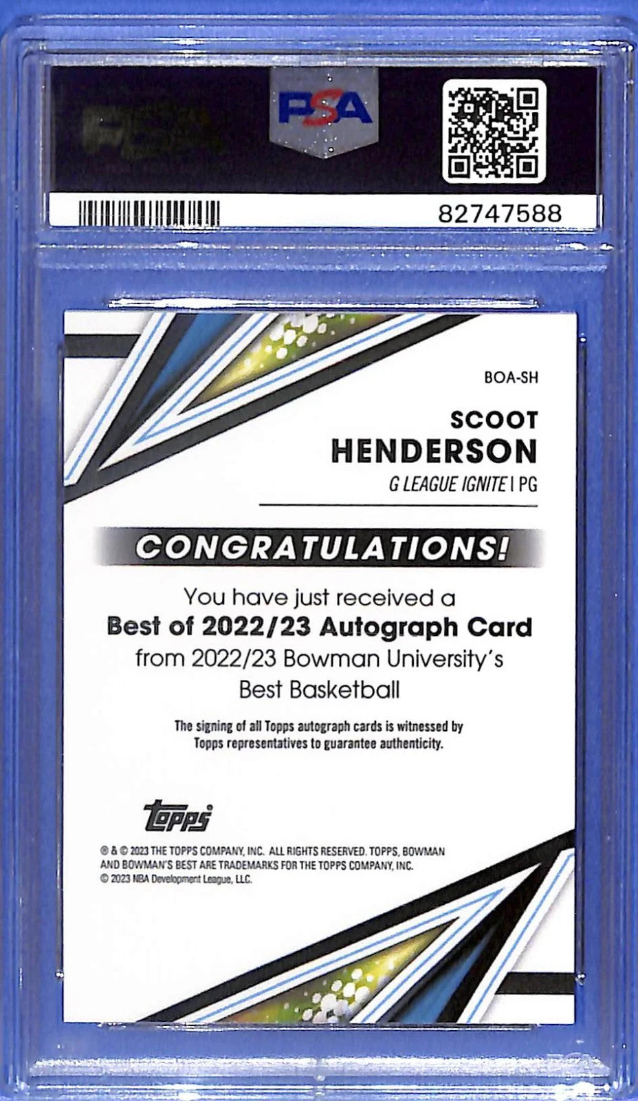 2022-23 Scoot Henderson Bowman U Best - Best of 2022 Autograph #BOASH PSA 8