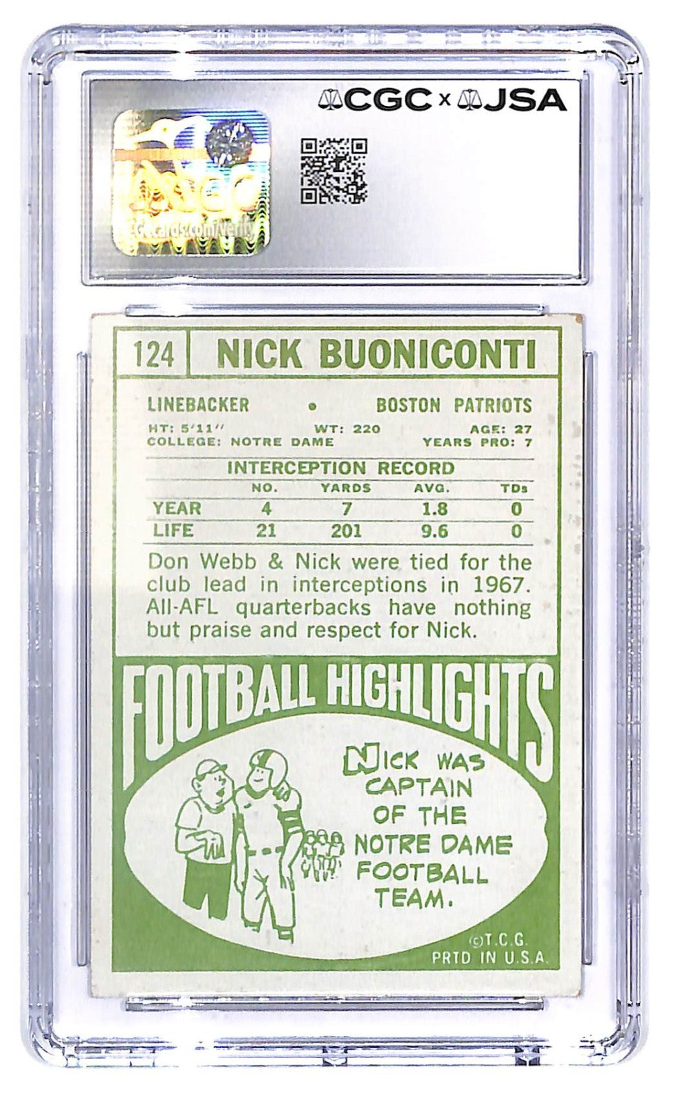 Signed 1968 Topps Nick Buoniconti #124 CGC Authentic Autograph 9 Boston Patriots