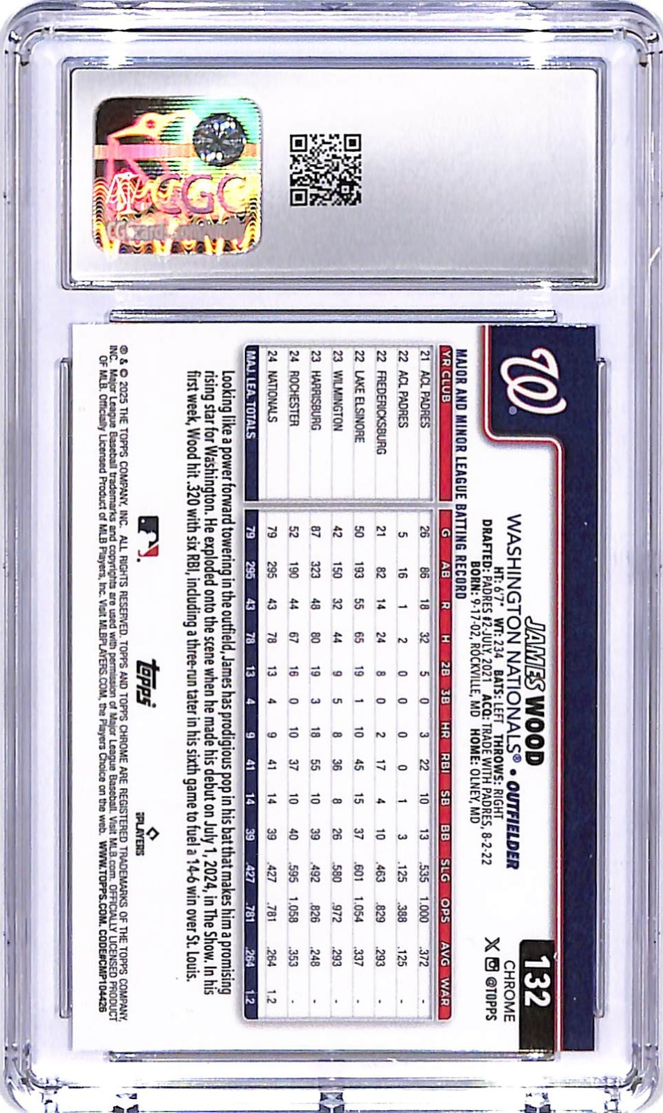 2025 Topps Chrome James Wood Rookie RC #132 CGC 9.5 Nationals